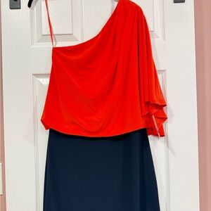 Jessica Simpson One Shoulder Dress in Bright Orange Red and Deep Navy